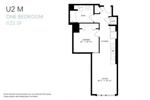Floor plan for 1 bed, 1 bath, 635 sqft